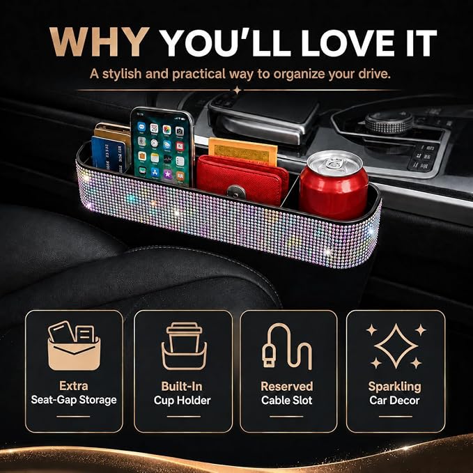 Bling Bling Car Seat Organizer Front Seat Gap Filler with Crystal Rhinestones Diamond, PU Leather Car Seat Console Storage Organizer for Car Accessories (Colorful)