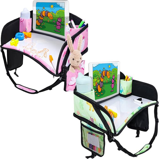 Kids Travel Tray for Toddler Car Seat, Road Trip Activities for Kids with iPad Holder Stand & Dry Erase Board, Road Trip Essentials Accessories Lap Tray as Travel Gifts for Kid, 2PC