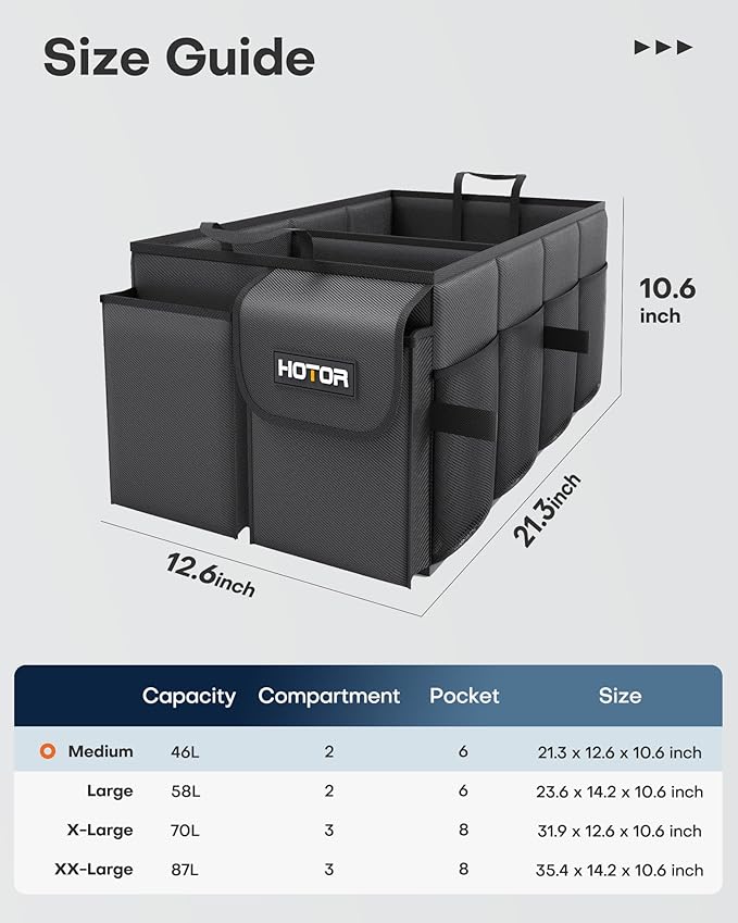 HOTOR Trunk Organizer - Car Organizer, Foldable Trunk organizer for SUVs & Sedans, Sturdy Car Organization for Car Accessories, Tools, Sundries, Black, 2 Compartments, 21.3"×12.6"×10.6"
