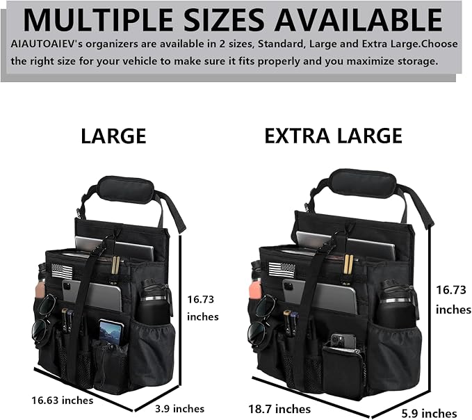 Front & Seat back organizer with dedicated tablet and 15.6 IN laptop storage stabilizers external stabilizing side straps soft adjustable shoulder straps hardened buckle (Black)