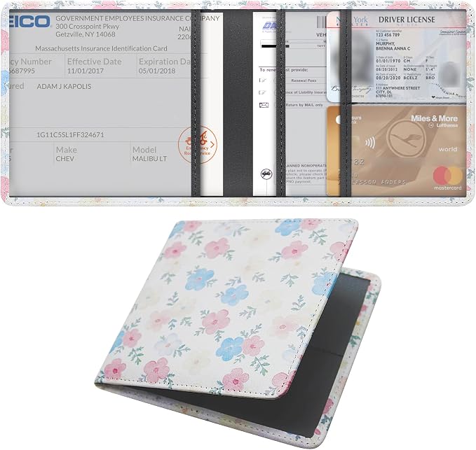 LumiMokki Car Registration and Insurance Holder, Leather Registration and Insurance Card Holder, Vehicle Glove Box Organizer - For Documents, Cards, License (Floral A)
