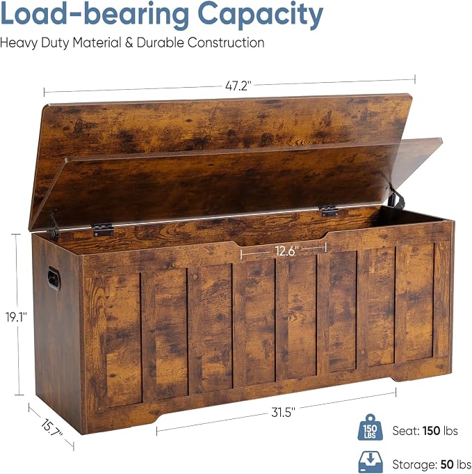 DUMOS 47.2" Extra Large Wooden Storage Chest Trunk Bench with Gel Safety Hinges, 150lbs Heavy Organizer, U-Cut Handles, Non-Slip Base, Bedroom Living Room Entryway, Rustic Brown