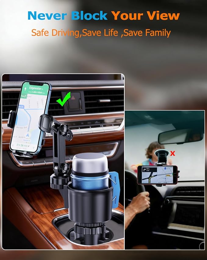 Phone Cup Holder for Car with Long Retractable Arm, 2 in 1 Universal Cup Holder Expander with Adjustable Base, 360° Rotation Phone Mount for Car & Truck - Holds All 4-7'' Smartphones