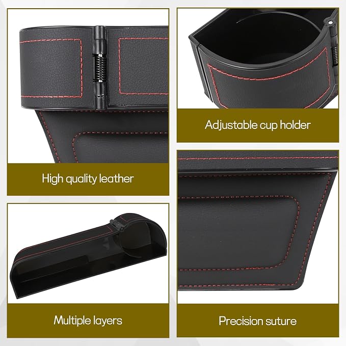 Car Seat Gap Filler Organizer, Multifunctional Car Seat Organizer with Adjustable Cup Holder, Leather Car Seat Gap Storage Box for Holding Phones, Coins, Cards, Keys, Pens (Black)