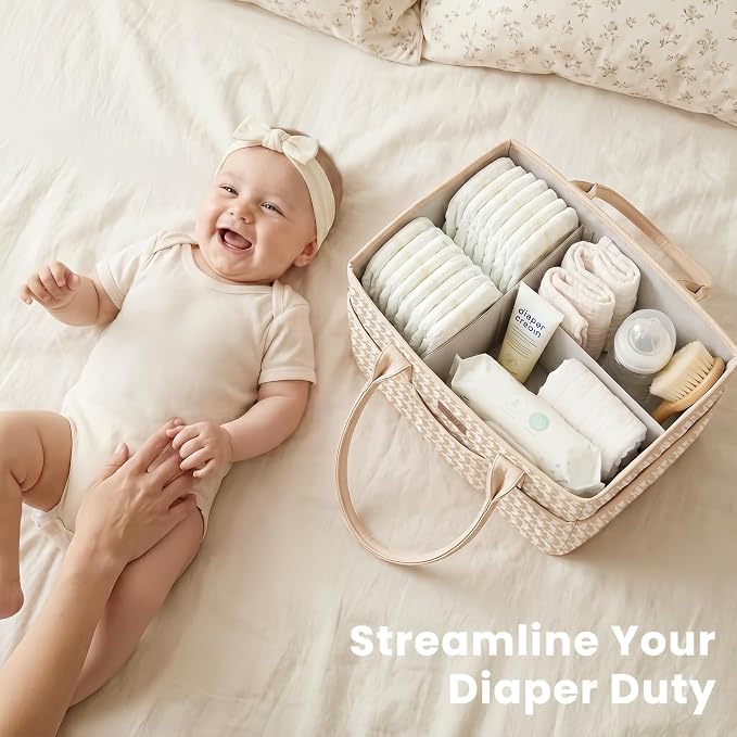 Konssy Quilted Diaper Caddy Organizer, Diaper Caddy Basket with PU Leather Handles, Water-Repellent Nursery Storage Basket, Portable Car Organizer, Registry Search Must Haves (Apricot Hound)