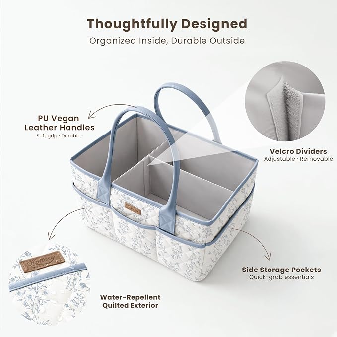 Konssy Floral Quilted Diaper Caddy Organizer, Diaper Caddy Basket with PU Leather Handles, Water-Repellent Nursery Storage Basket, Portable Car Organizer, Registry Search Must Haves (Blue Garden)