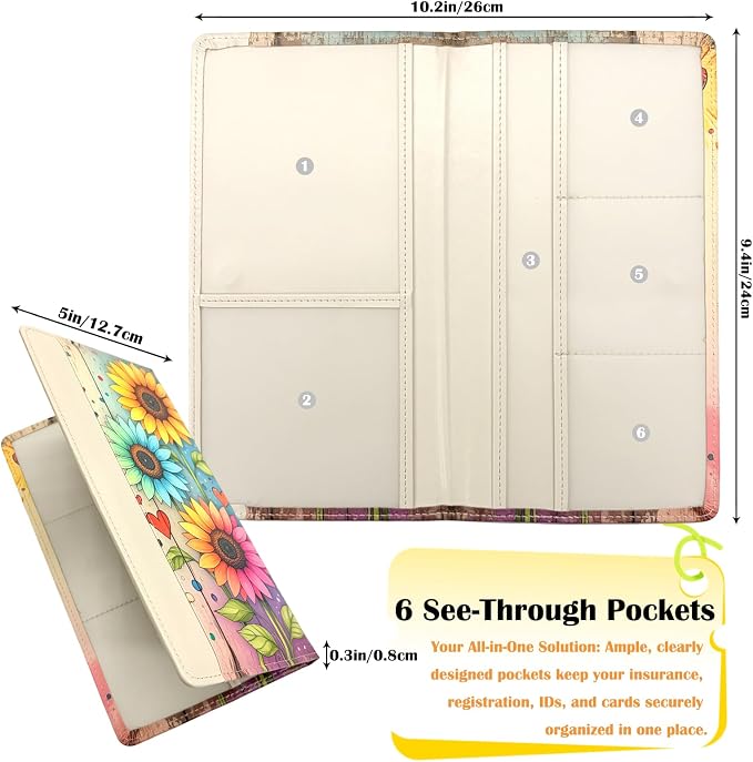 Car Registration and Insurance Holder with Magnetic Closure, Universal Document Organizer for License, Insurance Cards & Glove Box Storage (Sunflower-Colorful)