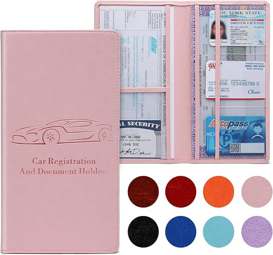 Car Registration and Insurance Card Holder for Women Men, Pink Glove Box Paperwork Organizer with Magnetic Buckle for Easy Access and Protect Documents and Various Cards in Vehicle