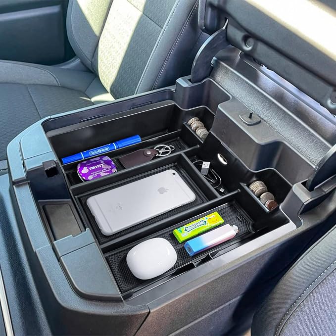 [Full-Coverage Center Console Organizer Compatible with 2019-2022 Chevy Silverado 1500/GMC Sierra 1500 and 2020-2023 Silverado/Sierra 2500/3500HD Accessories, Armrest Insert Tray,Black