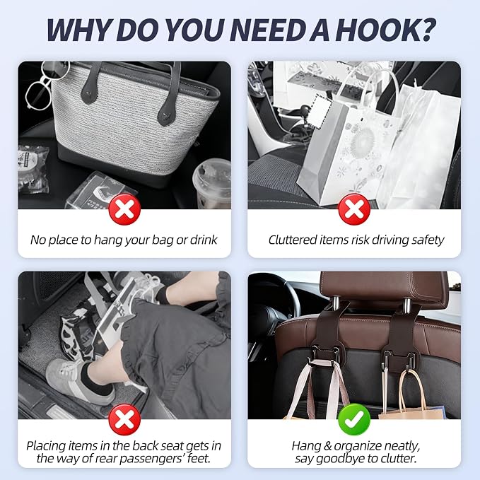 2 Packs Headrest Hooks for Car, Hidden Twinhook Leather & Metal Car Purse Holders, Universal for BMW X5 X3 X1 X7 Accessories, Seat Back Storage Organizer Hanger for Purse Bag Phones(Brown)