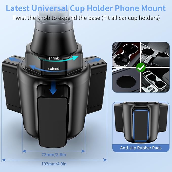bokilino Cup Phone Mount for Car, [Upgraded Version] Universal Cup Phone Cradle Holder with Long and Adjustable Neck, Friendly Compatible with Cell Phone iPhone, Samsung, Google and All Smartphones