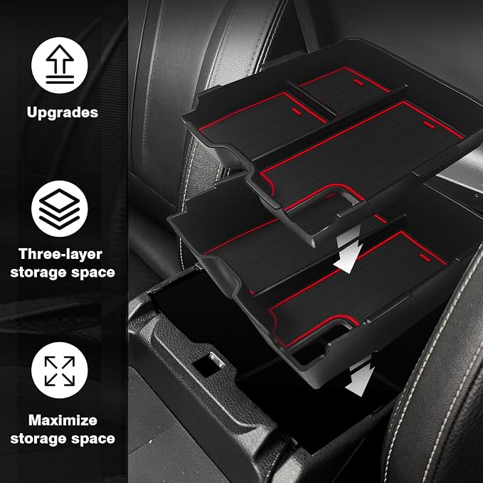 Muslogy Center Console Organizer Compatible with Ford Ranger 2024 2025 2026 & Raptor Accessories Two-Layer Storage Box Insert Tray Secondary Storage Divider Armrest Tray ABS Material Glove Box (Red)