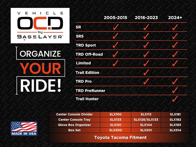 Vehicle OCD – Center Console Organizer for Toyota Tacoma (2024-2026) – Made in USA - SLX181
