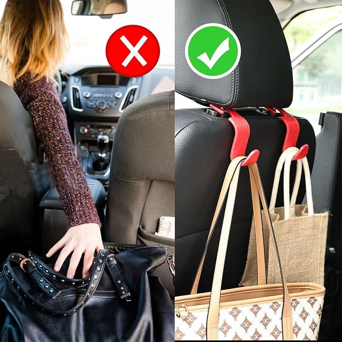 4PCS Car Seat Headrest Hooks, Auto Back Seat Hanger Holder, Durable Stylish Vehicle Organizer Universal Car Interior Accessories, Storage Hooks for Purses, Bags, Clothes (Carbon Fiber/Red)