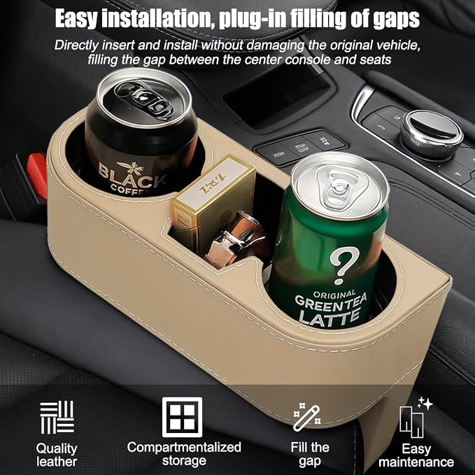 Car Seat Gap Filler Organizer with Cup Holder, Leather Multifunctional Vehicle Front Seat Crevice Storage Box Bag, Automotive Console Side Bucket Pocket, Universal Fit (Beige)