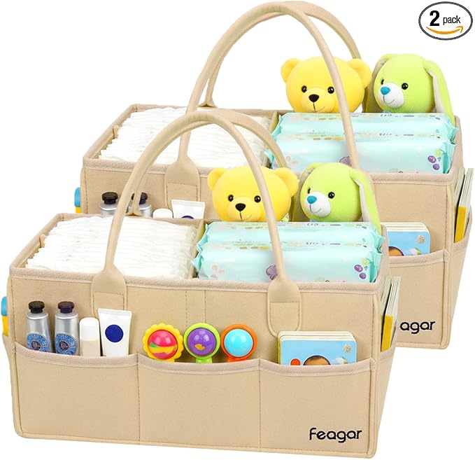 Feagar Baby Diaper Caddy Organizer, 15 Inch Large 2 Pack Set with 8 Pockets & 2 Dividers, Portable Nursery Storage Basket & Car Organizer for Changing Table, Travel (Khaki)