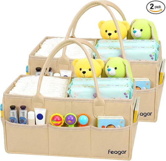 Feagar Baby Diaper Caddy Organizer, 15 Inch Large 2 Pack Set with 8 Pockets & 2 Dividers, Portable Nursery Storage Basket & Car Organizer for Changing Table, Travel (Khaki)