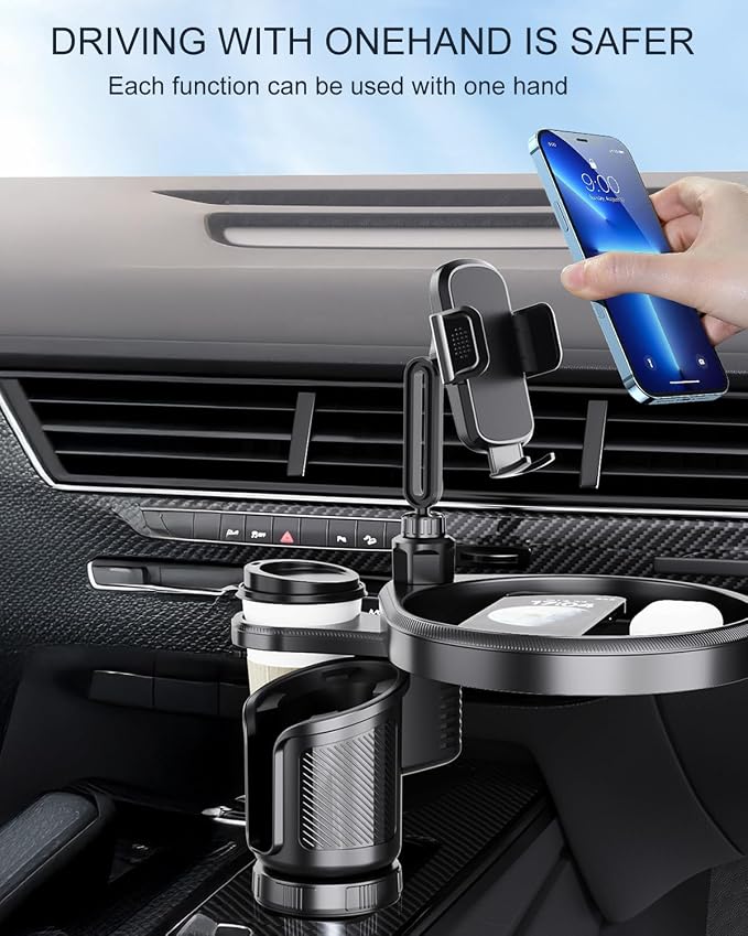 4-in-1 Upgrade Car Cup Holder Tray- Expandable Car Food Table Tray | Multifunctional Detachable Car Tray with Phone Holder | Adjustable Cup Holder for Car Road Trip Essentials