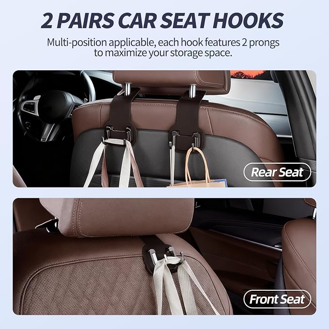 2 Packs Headrest Hooks for Car, Hidden Twinhook Leather & Metal Car Purse Holders, Universal for BMW X5 X3 X1 X7 Accessories, Seat Back Storage Organizer Hanger for Purse Bag Phones(Brown)
