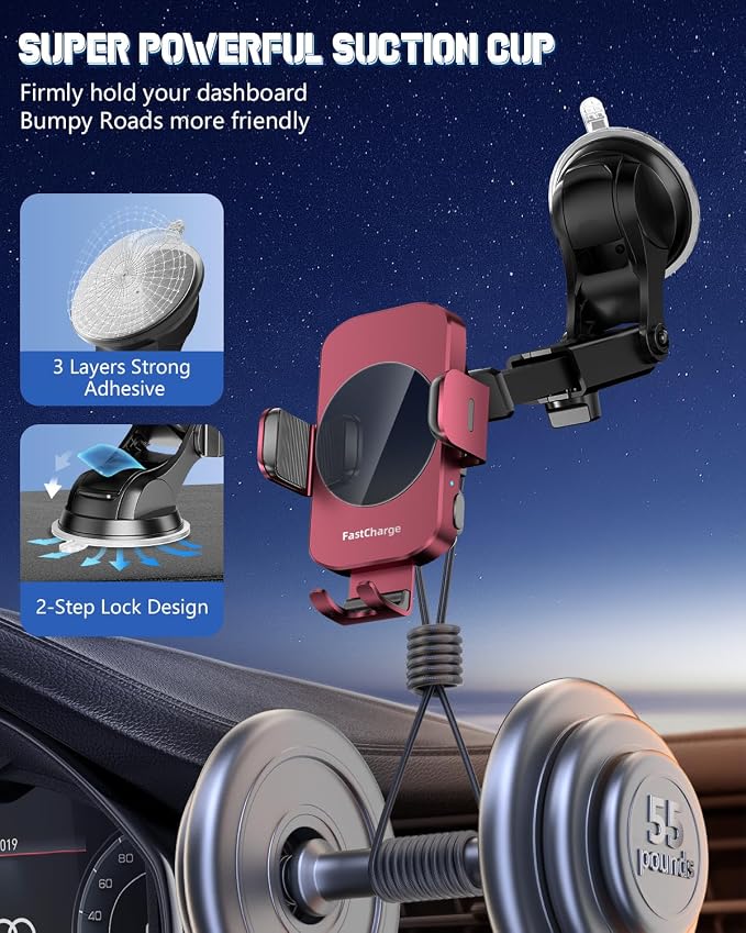 BothLin 3-in-1 Wireless Car Charger Mount, 15W Fast Charging Auto-Clamping Phone Holder for iPhone 17 16 15 14, Samsung Galaxy S24 S23, Dashboard, Vent & Windshield Car Mount(Deep Red)