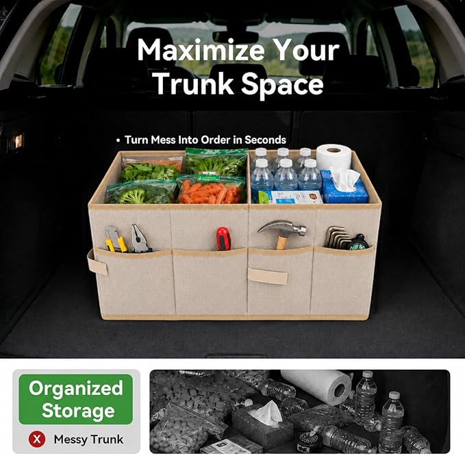 PAT SAM'S Car Trunk Organizer for SUV, Foldable Collapsible Storage Organizer with Dividers, Non-Slip Waterproof 600D Oxford, Backseat & Trunk Storage for Groceries, Tools, Toys (Beige)