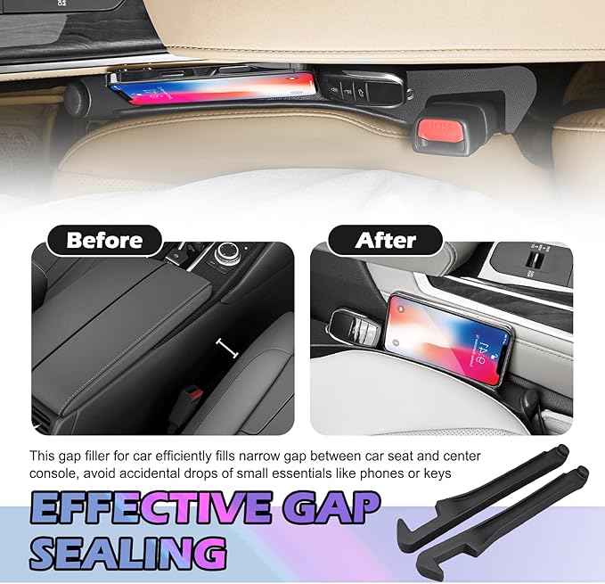 2PCS 3-in-1 Car Seat Gap Filler Organizer with Hooks & Storage Slots,Car Gap Seat Filler Console Catcher for Gaps Filling & Item Storage,Universal in Between Cars Seats Catcher