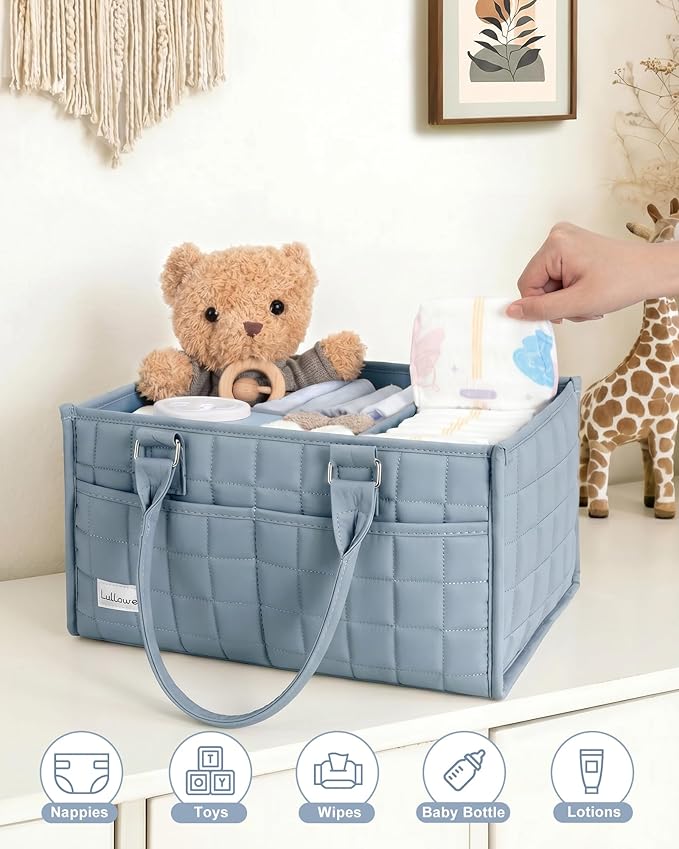 Baby Diaper Caddy Organizer, Portable Nursery Storage Basket with Handle for Newborn Boy or Girl, Gift for Baby Shower Essentials, Registry Must Have Bag, Caddie Car Organizer, Blue