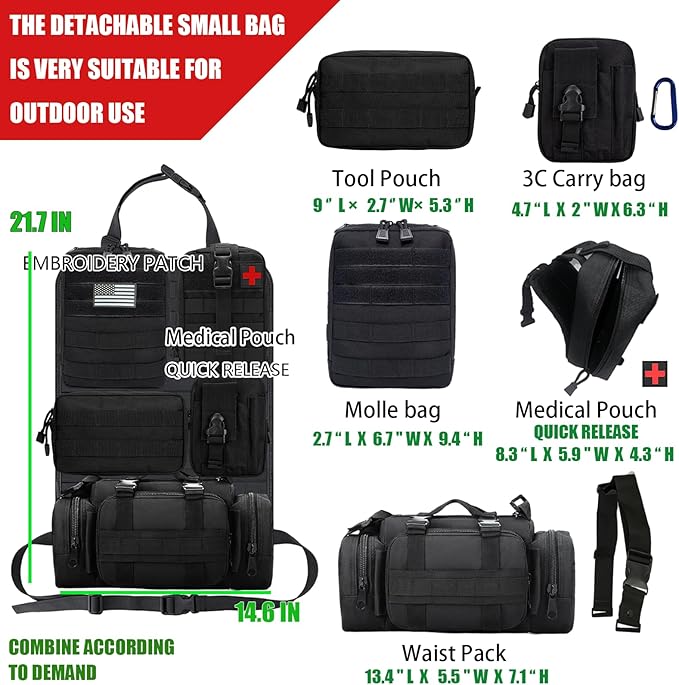 7 PACK Tactical Seat back organizer Truck organizer With 6 Detachable Pouches Universal For Car Truck Ford Jeep Military-Grade Heavier Panels With Multi-functional Packs (2 Set Black)