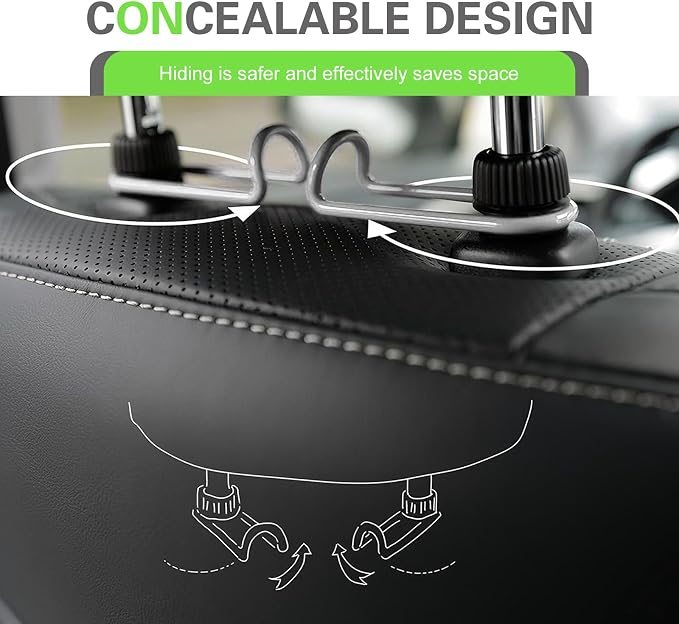 2 PCS Car Headrest Hooks, 10 KG Load-bearing Multi-functional Organizer, Rotatable Concealable Storage Hook, Seat Back Hanger for 0.47" - 0.59" Headrest Tube (Black)