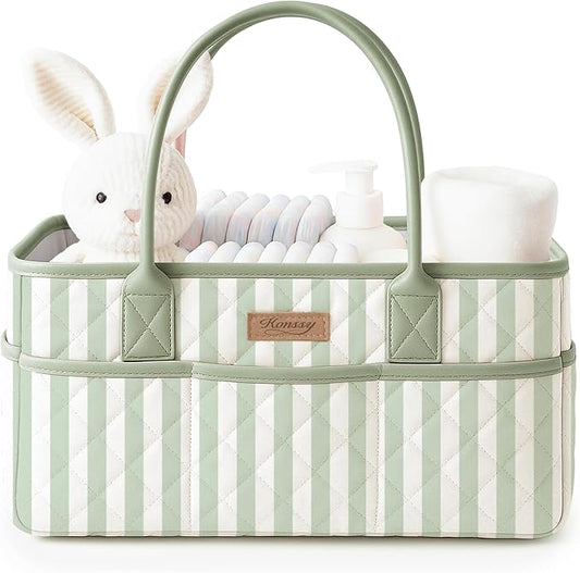 Konssy Quilted Diaper Caddy Organizer, Diaper Caddy Basket with PU Leather Handles, Water-Repellent Nursery Storage Basket, Portable Car Organizer, Registry Search Must Haves (Green Stripe)