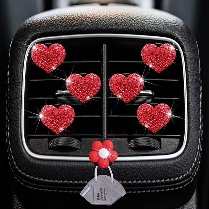 Bling Heart Air Vent Clips, 6 Pcs Red Heart Car Air Fresheners, Diamond Car Interior Decor Charm + Cute Sunflower Mask Hook