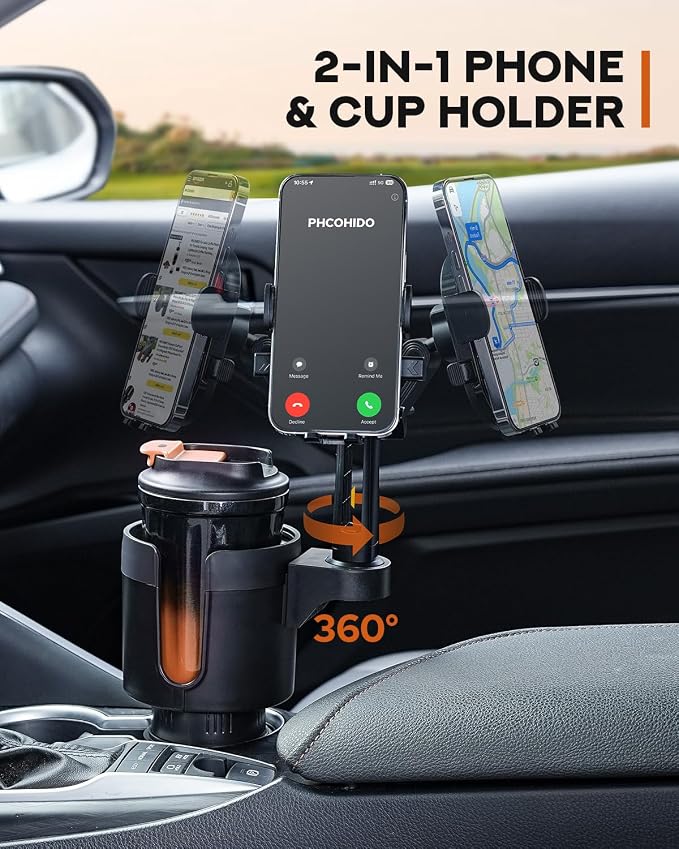 2 in 1 Universal Cup Holder Phones Mount for Car, Cup Holder Expander with Adjustable Base, 360° Roatation Cell Phone Holder with Long Arm Compatible with iPhone All Smartphones