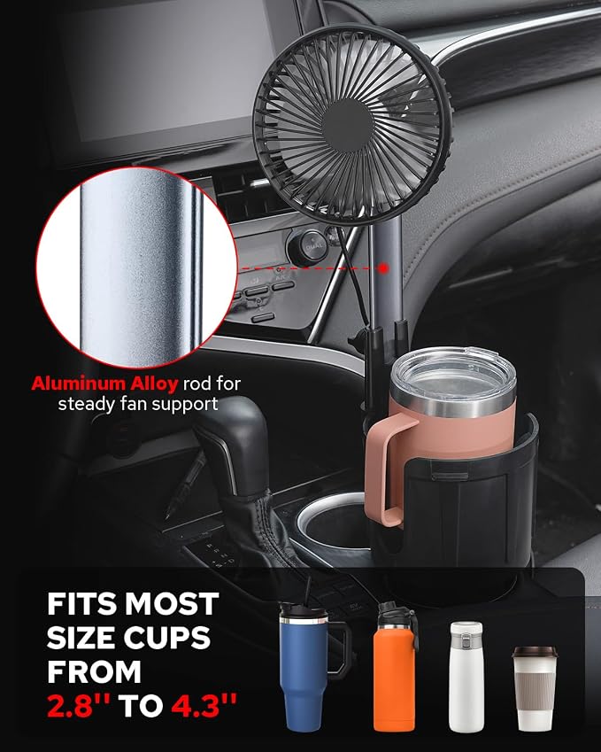 Benlari USB Car Fan with Cup Holder - Upgraded 2 in 1 Cup Fan Holder with 3 Powerful Speed Cooling Wind - Adjustable Extended Bracket Cup Holder for Vehicle Van Truck SUV RV