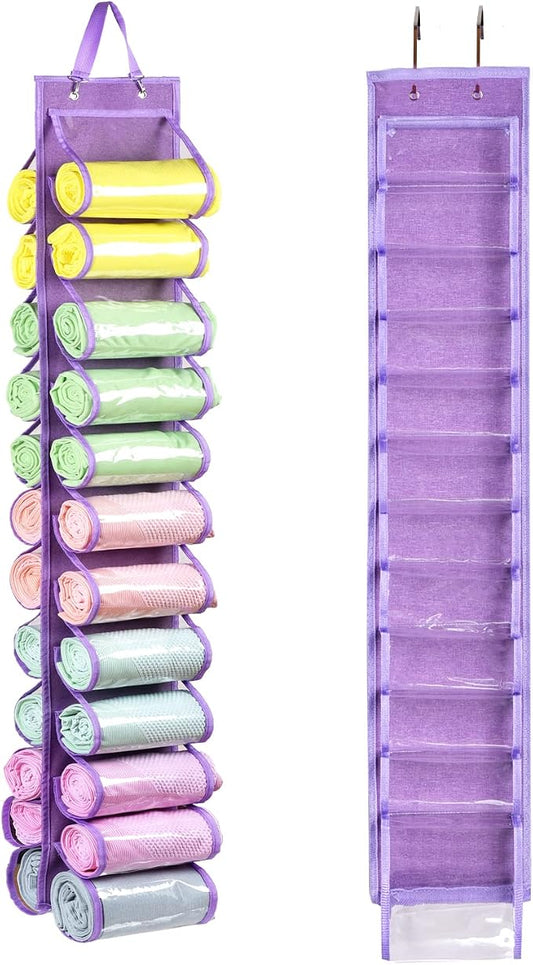 Legging Storage Bag Storage Hanger Can Holds 24 Leggings or Shirts Jeans Compartment Storage Hanger, Foldable Leggings Organizer Clothes Portable Closets Roll Holder (Purple)