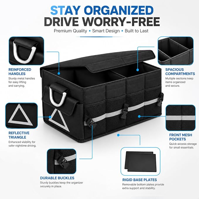 Car Trunk Organizer with Lid, Collapsible SUV Trunk Organizer, Foldable Cargo Organizer with 4 Compartments, Non-Slip Bottom, Securing Straps, Large Capacity Storage Bag for SUV Truck Van, Black