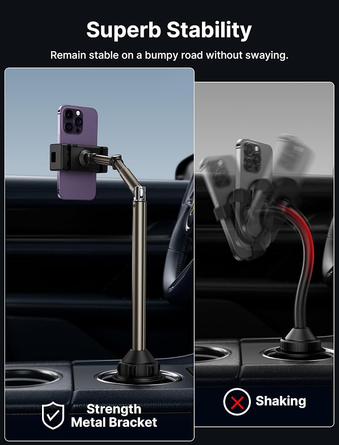 JSAUX Car Cup Holder Cellphone Mount, Metal Long-Arm Ultra Stable Phone Holder for Car Cupholders - Adjustable for iPhone 16 15 Pro Max 13 12 11, Samsung Galaxy S24 S23 Ultra, Google Pixel 9 Pro
