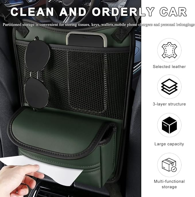 Car Organizer Storage Between Seats, Leather Car Console Hanging Storage Organizer with Mesh Pocket Tissue Box, Multi-Functional Large Capacity Headrest Holder Bag for Purse Snack (Green)