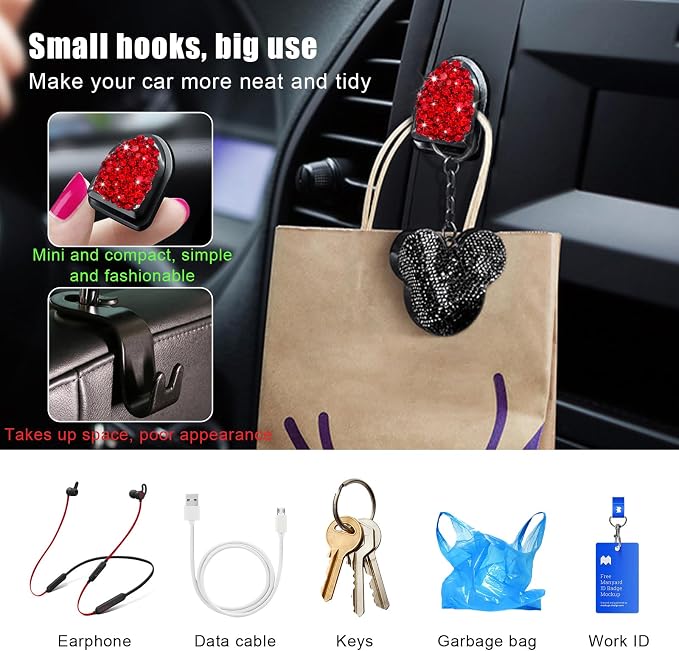 Yourkar 4PCS Bling Car Mini Hooks, Multifunctional Adhesive Small Auto Storage Hook for Key Cable Mask, Crystal Rhinestone Dashboard Hanging Hook, Interior Decor Car Accessories (Red)