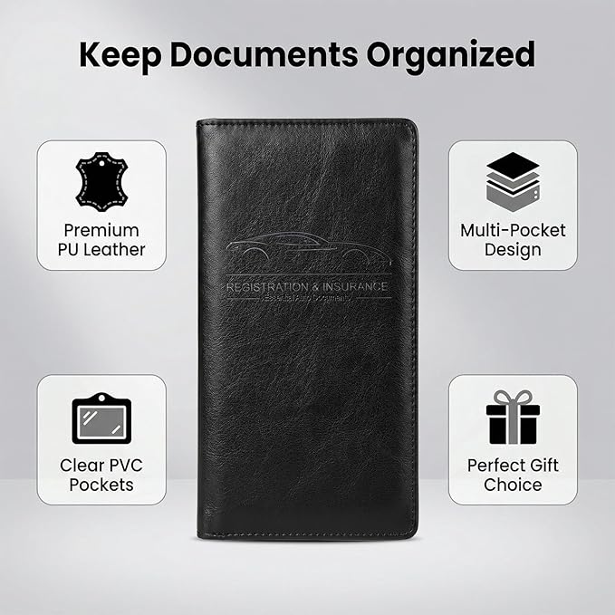 LumiMokki Premium Car Registration & Insurance Card Holder with Magnetic Shut, Vehicle Glove Box Car Organizer - For Documents, Cards, License (Cowhide Black)