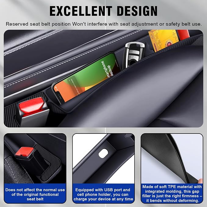 2PCS Car Seat Gap Filler, Automotive Seat Organizer Fill The Gap Between Seat and Console, Universal Car Storage Box Inserts Fill The Gap Between Seat &Console for Coins Wallets Keys (Black)