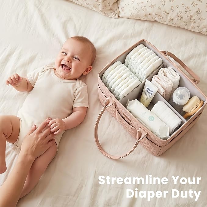 Konssy Quilted Diaper Caddy Organizer, Diaper Caddy Basket with PU Leather Handles, Water-Repellent Nursery Storage Basket, Portable Car Organizer, Registry Search Must Haves (Blush Pink)