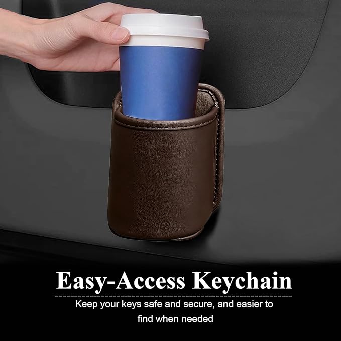 Car Cup Holder, Waterproof Leather Car Door Cup Holder, Clip-On Back Seat Storage Bag & Trash Can, Universal Hanging Drink & Phone Organizer Pocket for Most Cars (Brown)