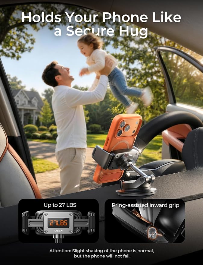 LISEN Suction Phone Mount for Car, [Ultra Suction & 95% Cases Friendly] Car Phone Holder Mount Vacuum Dashboard Phone Holder, Car Cell Phone Holder for iPhone 17 16 15 14 Pro Max Air Galaxy S26 S25