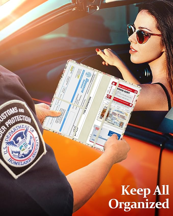 Slohif Car Registration and Insurance Holder - Floral Vehicle Glove Box Organizer Women with Magnetic Shut Leather Automobile License Holders Coasters Auto Accessories Case for Document