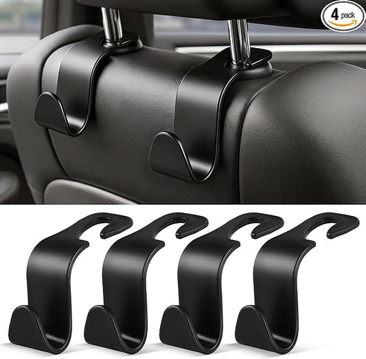 SINGARO 4 Pack Car Seat Headrest Hooks, Vehicle Back Seat Hanger Storage Organizer for Purse Handbag Backpack Coat Grocery, 360° Rotating Heavy Duty Holds 44lbs, Black