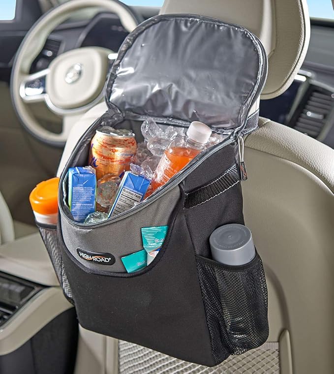 High Road Soft Car Cooler Bag for Cold and Hot Food Transport - Insulated Backseat Cooler Bag for Car, SUV, Truck or Van - Portable Soft Cooler with Storage Pocket and Bottle Holders