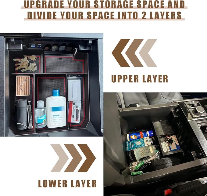 Muslogy Center Console Organizer Compatible with 2022-2025 2026 Toyota Tundra Accessories & 2023-2026 Sequoia Console Storage Box Divider Insert Tray ABS Material with Non-Slip Mats(Rubber Red)