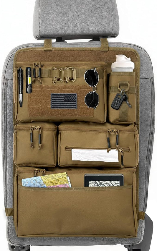 Tactical Seat Back Organizer Heavy Duty MOLLE Panel Organizer with Multiple Pockets & Hook Loop Panel for EDC Gear, Road Trip Essentials, Universal Fit for Car SUV Truck Jeep (Mud)