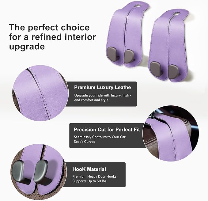 CoBak Purse Hook for Car - Universal Premium Stitched Leather and Aluminum-Magnesium Alloy Double Car Seat Back Storage Hook for Purses, Handbags, Bags (2 Pack),Amethyst Purple