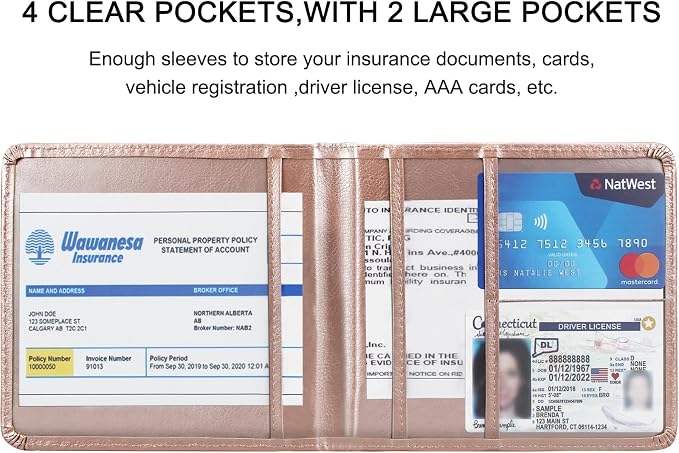 LumiMokki Car Registration and Insurance Holder, Leather Registration and Insurance Card Holder, Vehicle Glove Box Organizer - For Documents, Cards, License (Rosegold)